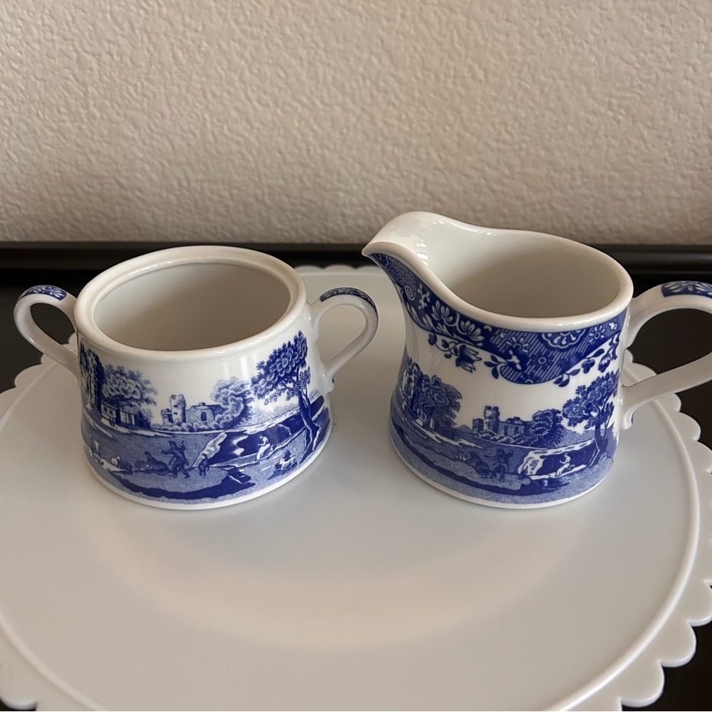vintage Spode Blue Italian creamer and sugar bowl set 18th century countryside